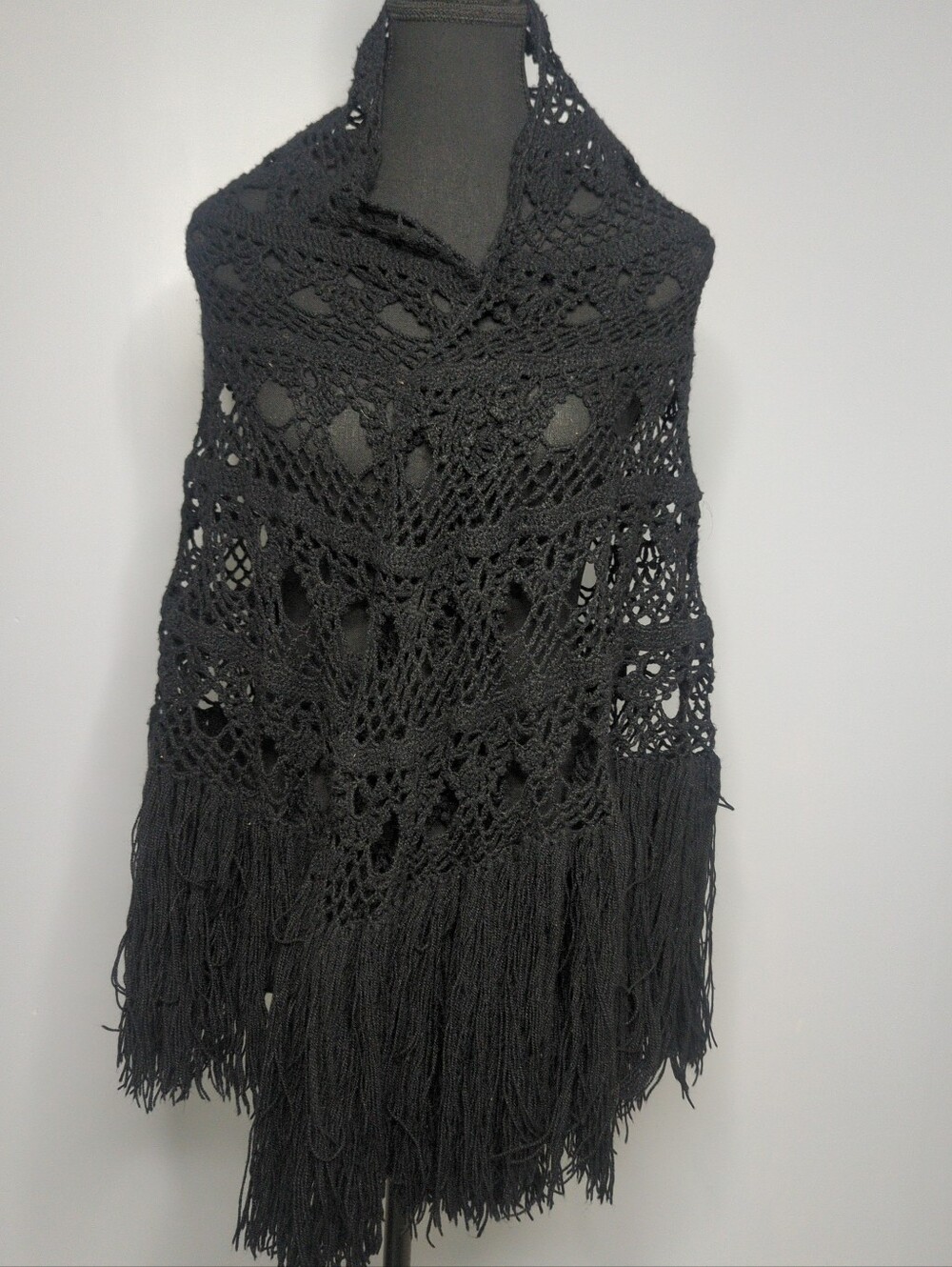 Whimsigoth Black Crochet Fringe Shawl Boho Witchy Festival Triangle Wrap